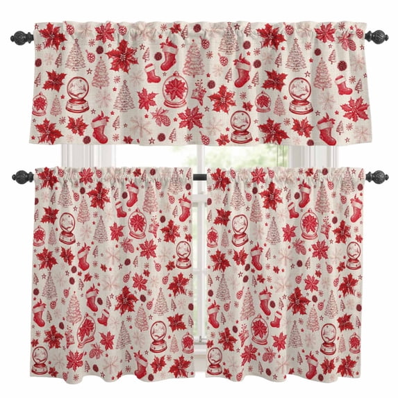 Red Christmas Kitchen Curtains Sets for Windows 24 Inch Length, Xmas Poinsettia Tree Snowflake Rustic Rod Pocket Window Treatments Tier Curtains and Valances Set for Bedroom/Bathroom