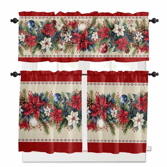 Red Christmas Kitchen Curtains and Valances Set, 3 Piece Kitchen Curtains Set 24 Inch Length, Xmas Botanical Poinsettia Blue Balls Rod Pocket Curtains Tier Farmhouse Window Curtains