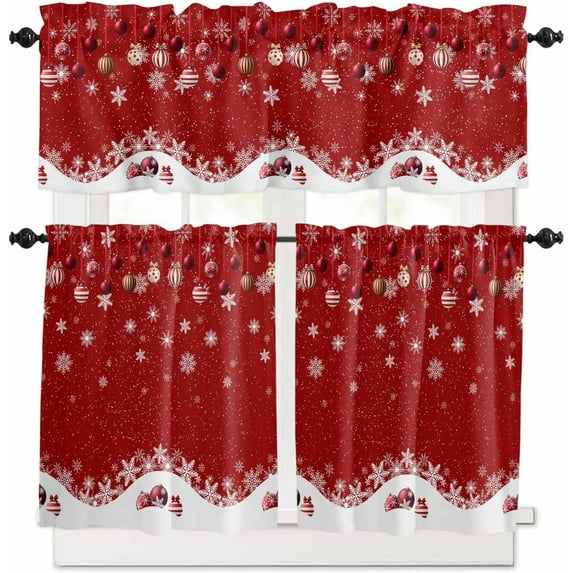 Red Christmas Kitchen Curtains and Valances Set, Rod Pocket Curtains Tier Farmhouse Window Curtains 24 Inch Length, Winter Xmas Snowflake Ball Stripes Rustic 3 Piece Kitchen Curtains Set