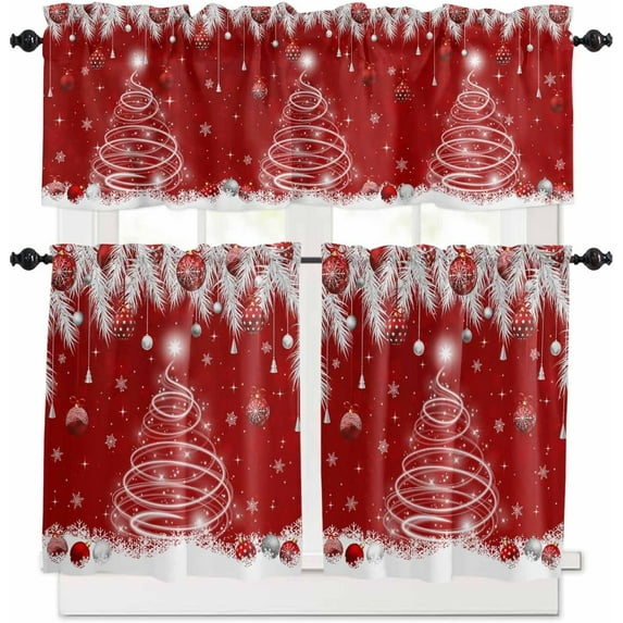 Red Christmas Kitchen Curtains and Valances Set, Rod Pocket Curtains Tier Farmhouse Window Curtains 36 Inch Length, Pine Trees Silver Leaves Snowflake Ball 3 Piece Kitchen Curtains Set