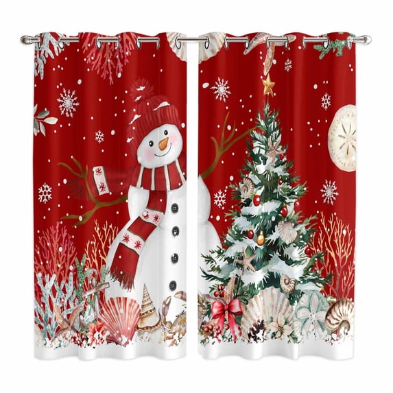 Red Christmas Kitchen Curtains Window Panels, Snowman Xmas Tree Coastal Snowflake Starfish Insulated Window Treatment Curtain, Grommet Curtains for Bedroom/Living Room/Bathroom, 2 Piece 42"Wx63"L