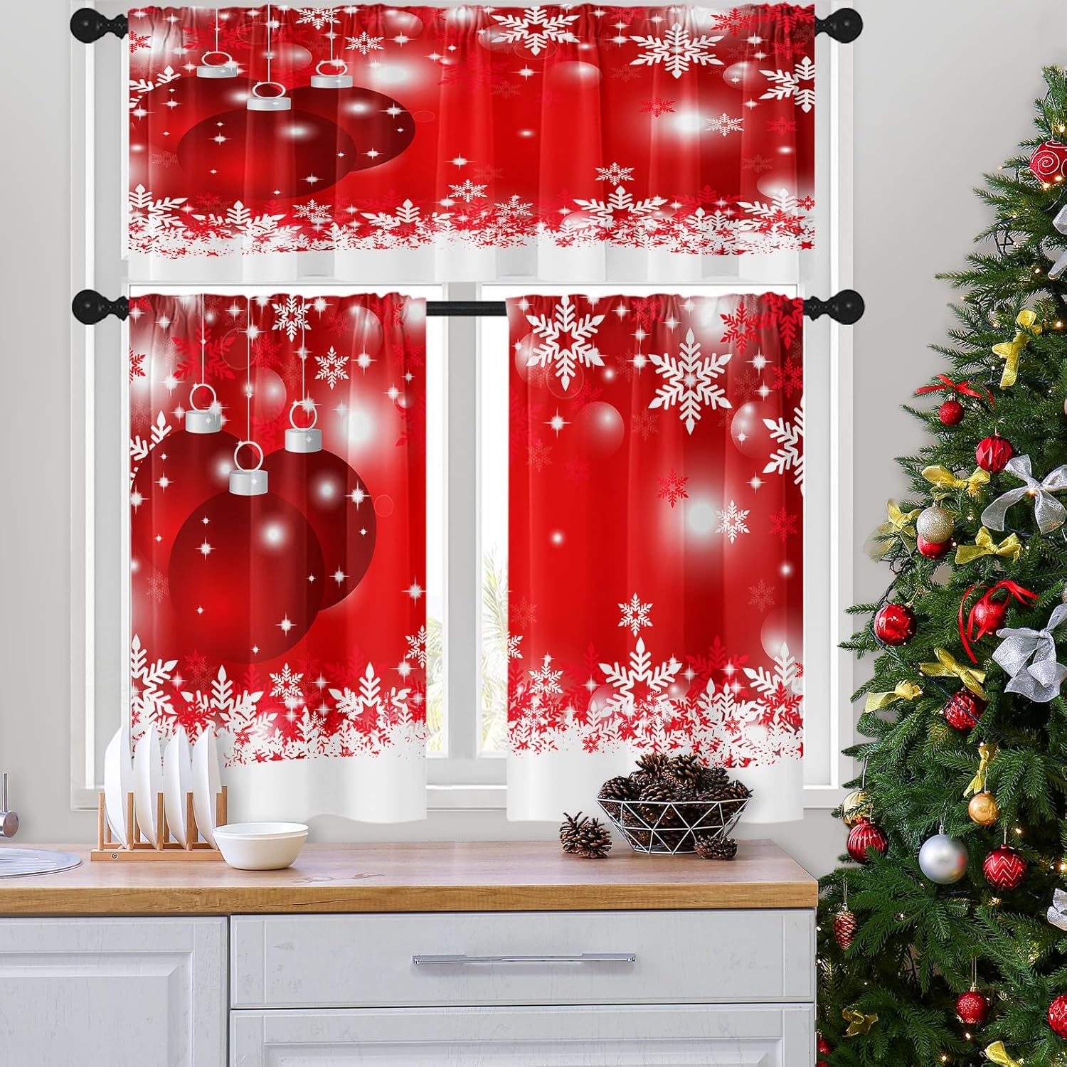 Red Christmas Kitchen Curtains Winter Snow Glitter Holiday Window