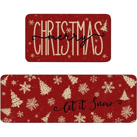 Red Christmas Kitchen Mats Set of 2, Linen Xmas Kitchen Rugs, Merry Christmas & Let It Snow Design, Non-Slip Floor Mats for Kitchen, Entryway Christmas Decor 17x30+17x47 Inch