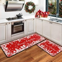 Red Christmas Kitchen Rugs and Mats Set of 2, Christmas Decorations for Home, Holiday Kitchen Floor Mat Merry Xmas Decor Non-Slip Backing Holly Pine Branches Pinecones Rug 17"x47.2" 17"x30"