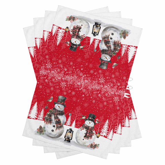 Red Christmas Kitchen Towels Set of 4, Water Absorbent Dish Towel, Snowman Snowflake Winter Birds Decorative Hand Towels - Quick Drying Cloth for Cooking Baking, 18x28 Inch