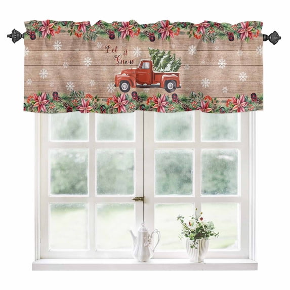 Red Christmas Kitchen Valances for Windows 42x12 Inch Kitchen Curtains Valances Rod Pocket Truck Xmas Tree Snowflake Winter Wooden Bathroom Window Valances for Window Treatment Decor