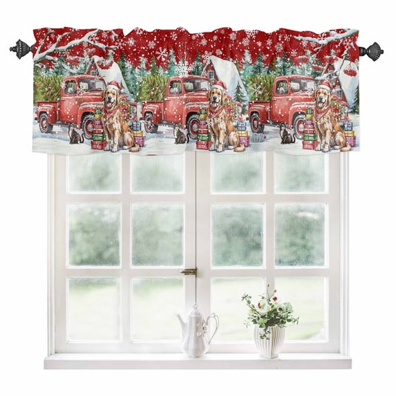 Red Christmas Kitchen Valances for Windows 42x12 Inch Kitchen Curtains Valances Rod Pocket Xmas Winter Snowflakes Truck Dogs Bathroom Window Valances for Window Treatment Decor
