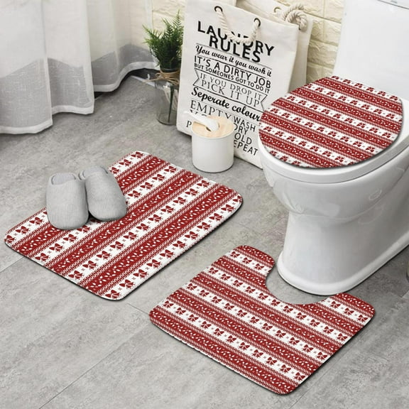 Red Christmas Knitted Pattern Bathroom Rugs Sets 3 Piece,Toilet Cover Set,Absorbent Non Slip Bathroom Mats Sets with U-Shaped Contour Rug Toilet Rug Set
