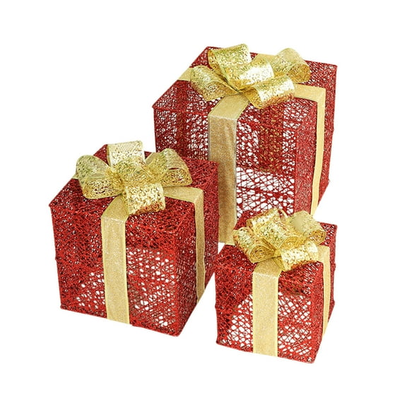Red Christmas Lighted Gift Boxes Set Of 3 Outdoor Indoor Led Metal Decorations With Battery Operated Lights For Holiday Yard Party Home Christmas Tree Decoration Present Boxes Without Batt