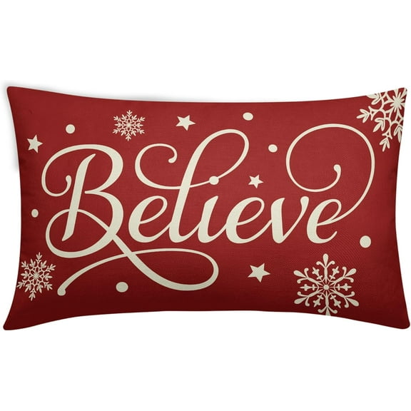Red Christmas Lumbar Pillow Cover 12x20 Single Xmas Believe Snowflakes Winter Decorations Decorative Outdoor Pillowcase Farmhouse Linen Throw Cushion Case Decor for Home Couch Sofa Bed