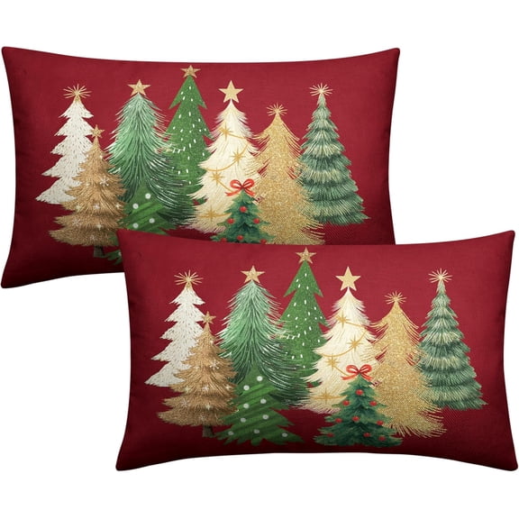 Red Christmas Lumbar Pillow Covers 12x20 Set of 2 Gold Green Xmas Tree Pillow Case Winter Holiday Throw Pillow Covers Rectangular Decorative Cushion Case for Couch Sofa