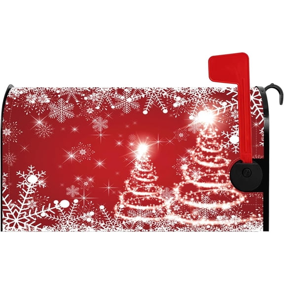 Red Christmas Mailbox Cover Snowflake Snow Christmas Tree Sparkle Magnetic Mailbox Covers Merry Christmas Mail Box Wraps Post Letter Cover Standard Size 18x21 Inch for Home Yard Garden