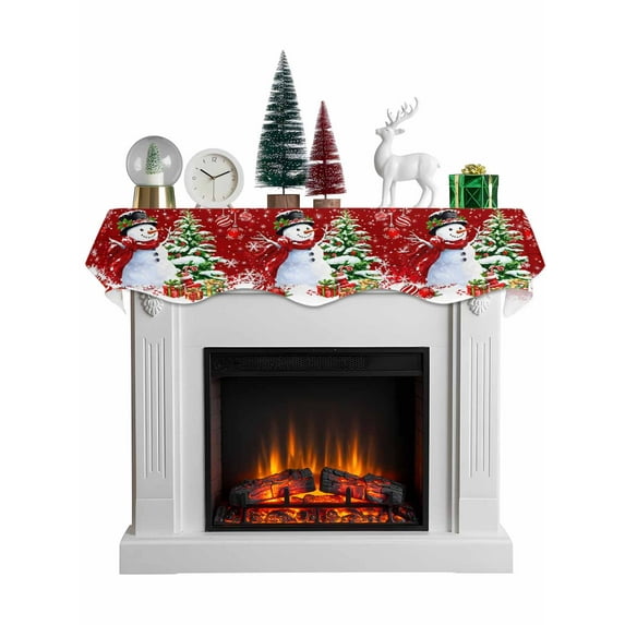 Red Christmas Mantel Scarf Fireplace Decorations for Living Room, Snowman Xmas Tree Ball Gifts Winter Wooden Fireplace Mantel Scarf Cover Runner for Halloween/Thanksgiving/Christmas Decor 90"x17"