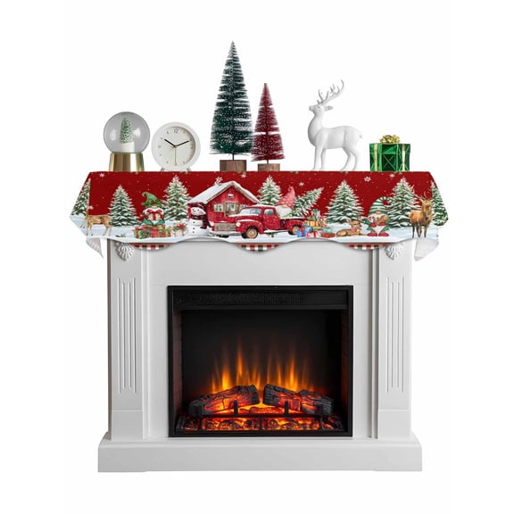 Red Christmas Mantel Scarf Fireplace Decorations for Living Room, Truck Elk Xmas Tree Snowflake Ball Winter Gnomes Fireplace Mantel Scarf Cover Runner for Thanksgiving/Christmas Decor 70"x17"