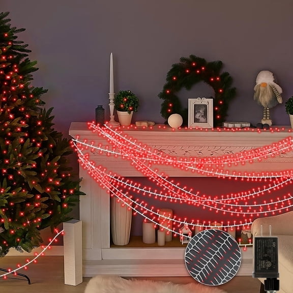 Red Christmas Mini LightsOutdoor Cluster Light750 LED Firecrackers String, 8 Modes Timer Remote Waterproof Plug in Twinkle Fairy for Tree Garland Window Party