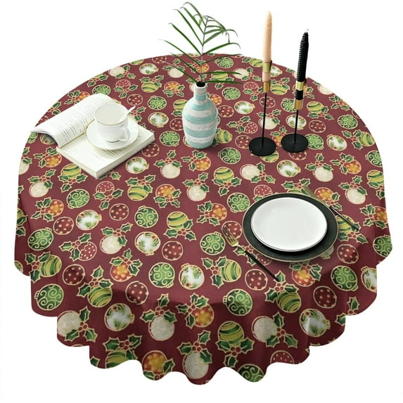 Red Christmas Ornament Pattern Round Tablecloth 60"x60",Wrinkle Wipeable Table Cloth for Kitchen Dining Room Picnic Patio Party