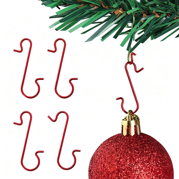 Red Christmas Ornament S Hooks 50 Pack, 1.6in Metal Wire Hangers with Storage Container, Festive Hooks for Xmas Baubles, Floral Displays & Seasonal Party Styling