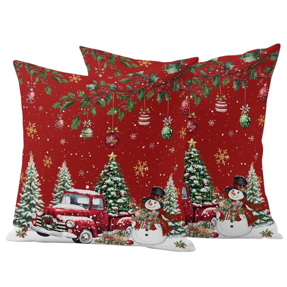 Red Christmas Outdoor Pillow Covers 24"x24" Set of 2,Waterproof Throw Pillow Covers for Patio Furniture,Snowman Truck Xmas Tree Ball Snowflake Winter Decorative Cushion Pillowcases for Garden Sofa