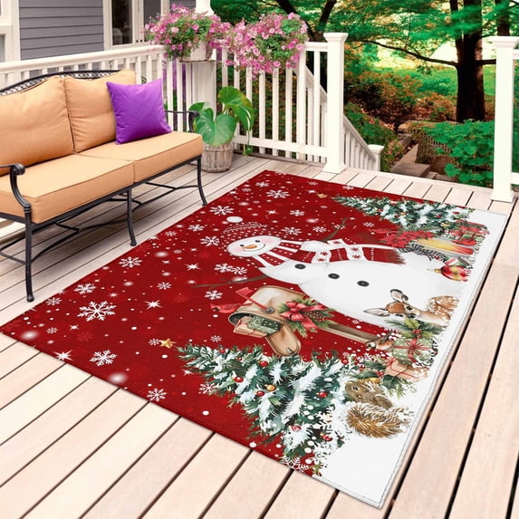 Red Christmas Outdoor Rug 5x7 Ft, Non Slip Washable Area Rug, Snowman Gifts Xmas Tree Snowflake Winter Patio Rugs Carpet Runner, Large Floor Mat for Indoor/Outdoor Deck Porch Camping