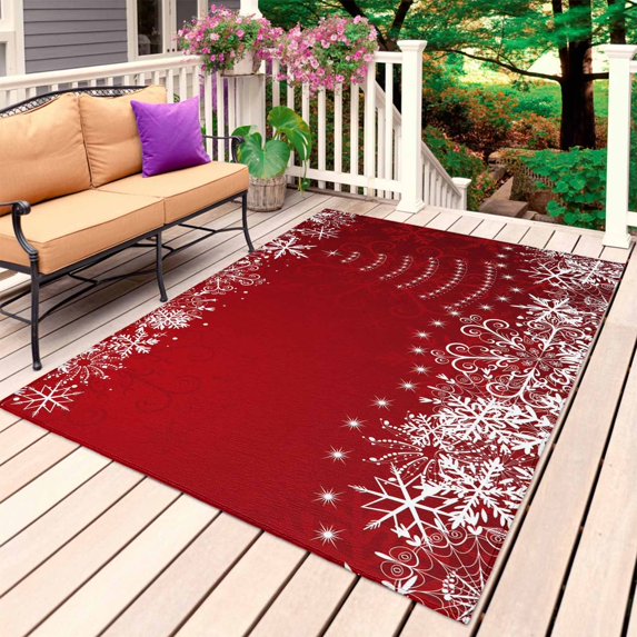 Red Christmas Outdoor Rug 6x9 Ft, Non Slip Washable Area Rug, Xmas Snowflake Tree Vintage Patio Rugs Carpet Runner, Large Floor Mat for Indoor/Outdoor Deck Porch Camping