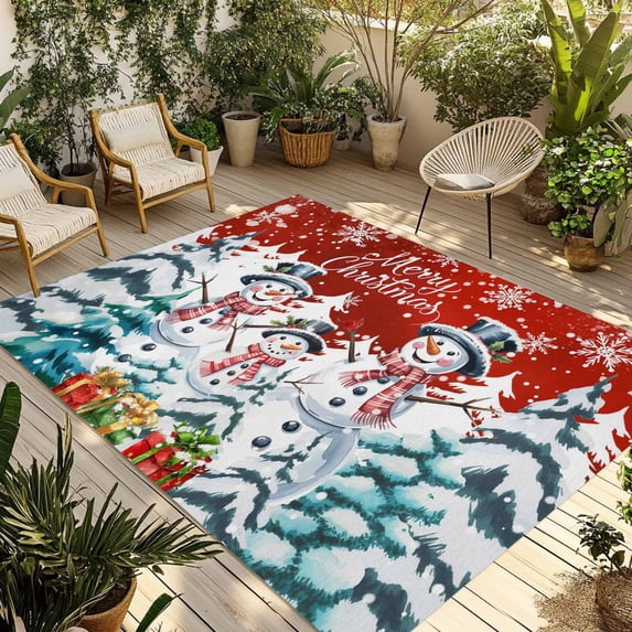Red Christmas Outdoor Rug for Patio/Deck/Porch, Non-Slip Large Area Rug 3 x 5 Ft, Winter Snowman Xmas Pine Tree Snowflakes Indoor Outdoor Rugs Washable Area Rugs, Reversible Camping Rug Carpet Runner