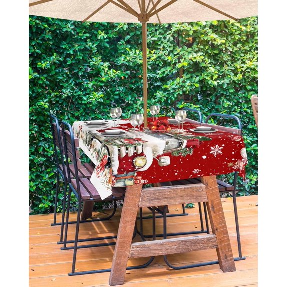 Red Christmas Outdoor Tablecloth - 52x70 Inch Rectangle Dining Table Cover, Snowman Truck Xmas Balls Snowflake Waterproof Outdoor Table Cloth with Umbrella Hole & Zipper for Picnic/Patio