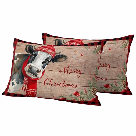 Red Christmas Outdoor Waterproof Pillow Covers, Cow Farmhouse Plaid Xmas Botanical Wooden Decorative Rectangle Throw Pillowcase Sofa Cushion Sham for Patio/Couch/Chair, 20"x12" 2 Pack
