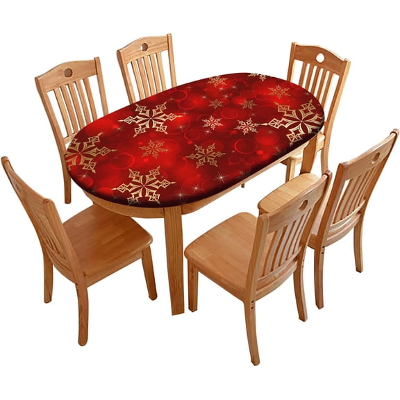Red Christmas Oval Tablecloth, Red Golden Snowflake Christmas Fitted Elastic Table Table Cover for Dining Camping Indoor and Outdoor Picnic Decoration, 48" x 68" (Oval)