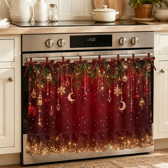 Red Christmas Oven Skirt for Farmhouse Kitchen Décor, Xmas Pine Needles Berry Golden Oven Curtain Tie Top Decorative Stove Skirt, Cabinet Dish Washer Curtains with 8 Ribbon Ties 32"x24"