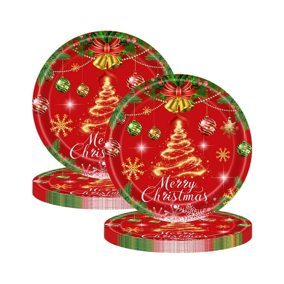 Red Christmas Paper Plates 20 Pack, Disposable Party Tableware with Tree Bell Pattern for Holiday Dinner Decor(A-20PC)