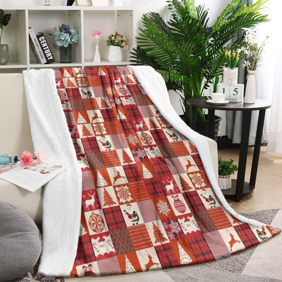 Red Christmas Patchwork Pattern Blanket,Comfortable Soft Lamb Wool Throw Blanket,All Season,Warm Lightweight Blankets for Sofa Bed Couch Living Room Chair,40"x50"