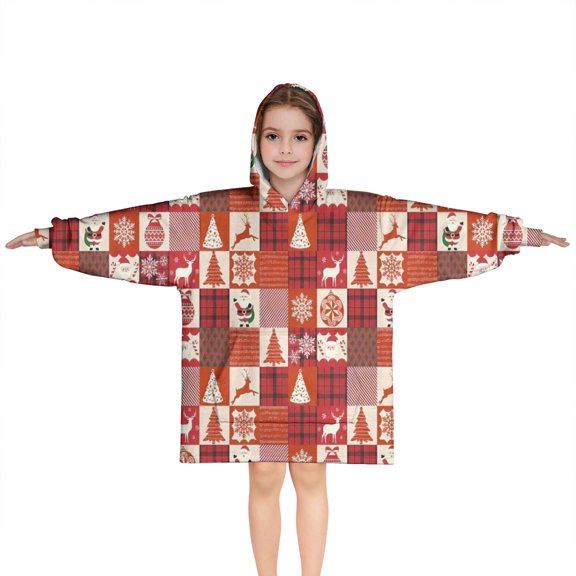Red Christmas Patchwork Pattern Blanket Hoodies for Kids 6-13YR Oversize Wearable Blanket Hoodies for Boys Girls Teens