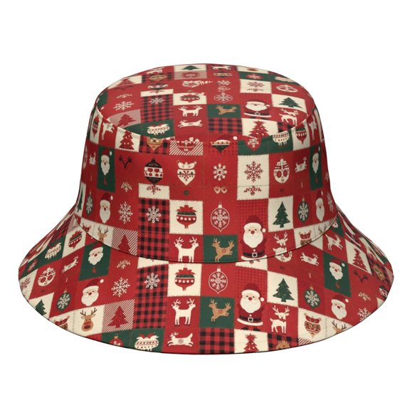 Red Christmas Patchwork Pattern Bucket Hat, Beach Bucket Hat with Wide Brim & Breathable Fabric, Foldable Design Gifts for Birthday Christmas Thanksgiving