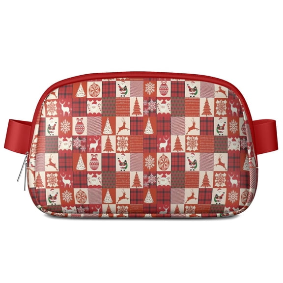 Red Christmas Patchwork Pattern Cute Fanny Packs for Women,Travel Waterproof Crossbody Fanny Bags Waist Purse for Women Anti Theft Adjustable Strap for Running Travel Cycling