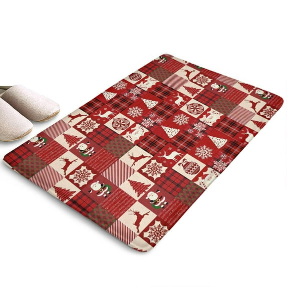 Red Christmas Patchwork Pattern Flannel Non Slip Door Rugs,Washable Door Mats Indoor,Decorative Door Mats,Dirt-Resistant and Absorbent Doormat for Entrance,Bedroom,Kitchen,Bathroom,31.5x17in(80x43cm)