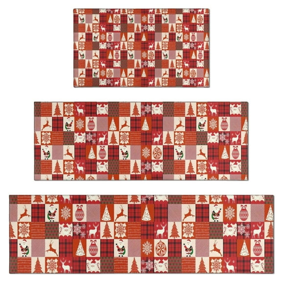 Red Christmas Patchwork Pattern Kitchen Rugs Sets Of 3,Kitchen Runner Rugs Non Skid Washable,Decorative Kitchen Floor Mats for Kitchen,Sink,Laundry,17"x30"+ 17"x47" + 17"x59"