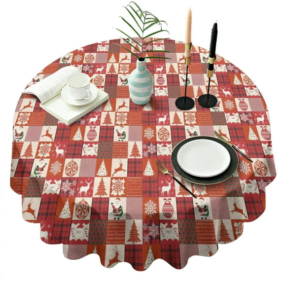 Red Christmas Patchwork Pattern Round Tablecloth 60"x60",Wrinkle Wipeable Table Cloth for Kitchen Dining Room Picnic Patio Party