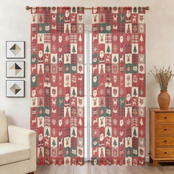 Rod Wire Windows Red Christmas Patchwork Pattern Sheer Curtains, Sheer Window Panels ...