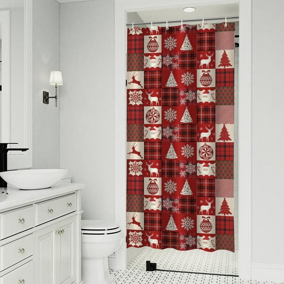 Red Christmas Patchwork Pattern Shower Curtain 36"x72" ,Bathroom Decorative Shower Curtains Set with 12 Hooks,Modern Waterproof Washable Shower Curtain