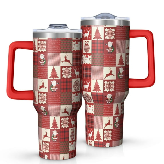 Red Christmas Patchwork Pattern Tumbler with Handle and Lid,40oz Double Wall Vacuum Insulated Tumbler,Cups Gift for Women and Men