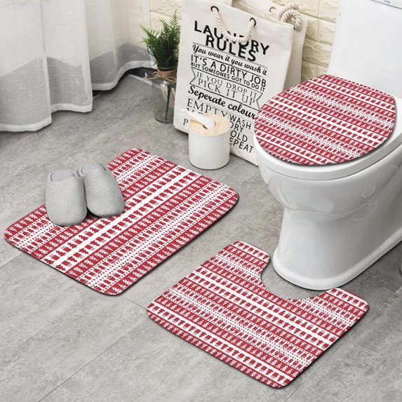Red Christmas Pattern Bathroom Rugs Sets 3 Piece,Toilet Cover Set,Absorbent Non Slip Bathroom Mats Sets with U-Shaped Contour Rug Toilet Rug Set