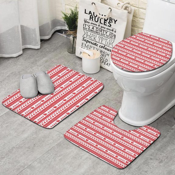 Red Christmas Pattern Bathroom Rugs Sets 3 Piece,Toilet Cover Set,Absorbent Non Slip Bathroom Mats Sets with U-Shaped Contour Rug Toilet Rug Set