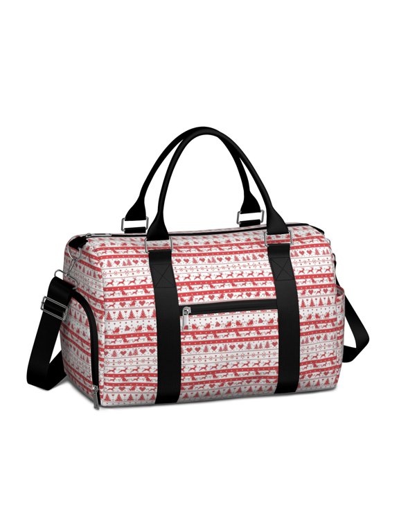 Red Christmas Pattern Gym Bag with Shoe Compartment, Overnight Bag with Wet Pocket and Trolley Sleeve, Water Resistant Gifts Ideas for Gym Travel Weekend,17.3 X 11.8 X 7.5 Inches