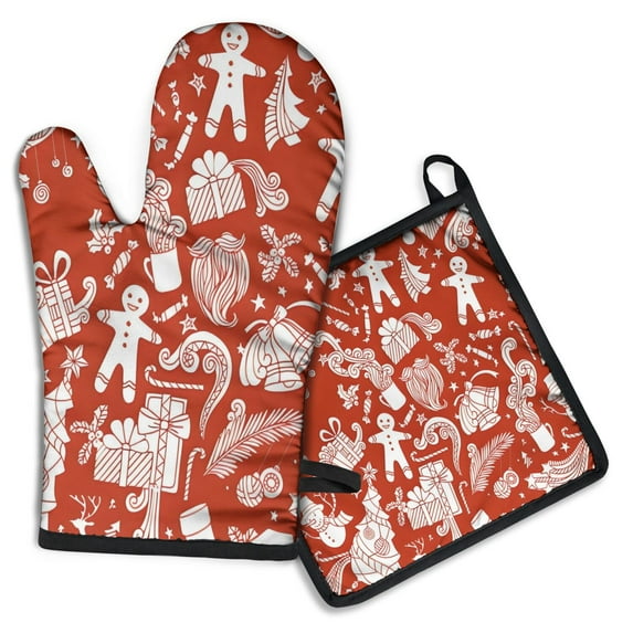 Red Christmas Pattern Kitchen Oven Mitt and Pot Holder Sets 2 Pcs for Baking, Cooking and Grilling, Heat Resistant Up To 392 °F