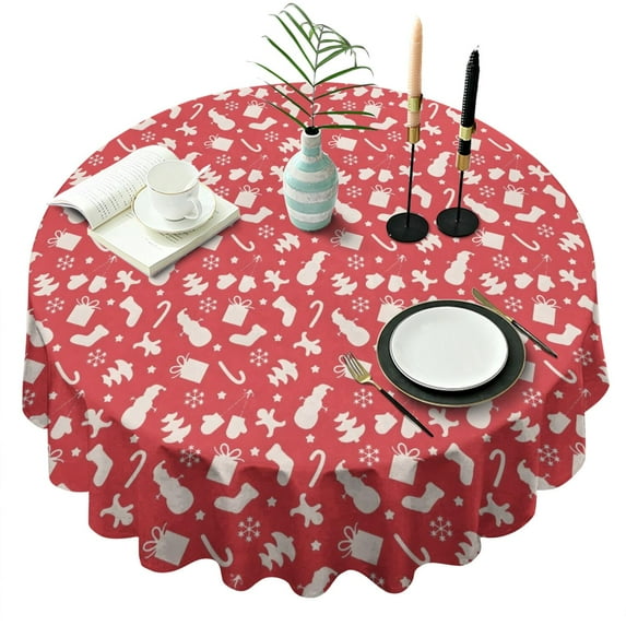Red Christmas Pattern Round Tablecloth 60"x60",Wrinkle Wipeable Table Cloth for Kitchen Dining Room Picnic Patio Party