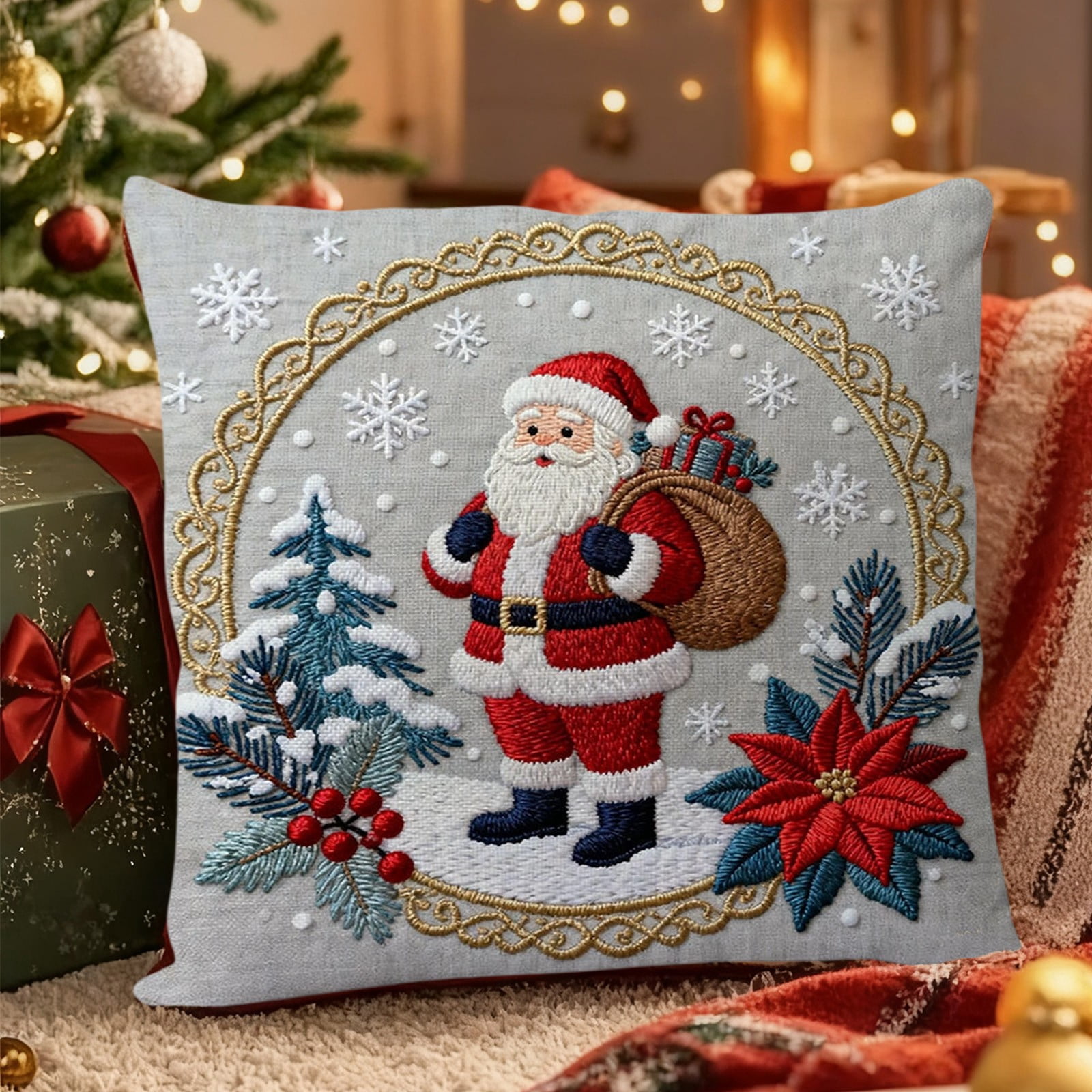 Red Christmas Pillow Cover Holiday Decor for Home, Linen Feel Cushion ...