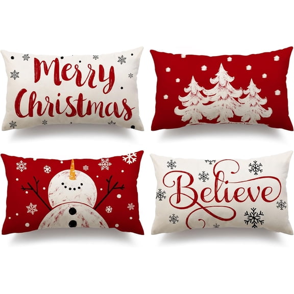 Red Christmas Pillow Covers 12x20 Set of 4 for Christmas Decorations Merry Christmas Tree Believe Snowflake Winter Holiday Decor Throw Cushion Case for Home Couch