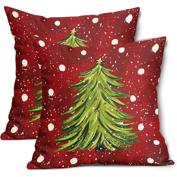 Red Christmas Pillow Covers 18X18 Inch Set of 2 Watercolor Green Xmas Tree Decorative Pillow Cases Winter Holiday Cotton Linen Cushion Case Farmhouse Christmas Decor for Home Couch Sofa Porch Outdoor