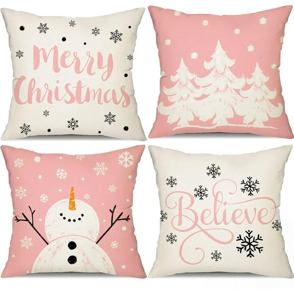 Red Christmas Pillow Covers 18x18 Set of 4 for Christmas Decorations Merry Christmas Tree Believe Snowflake Winter Holiday Decor Throw Cushion Case for Home Couch