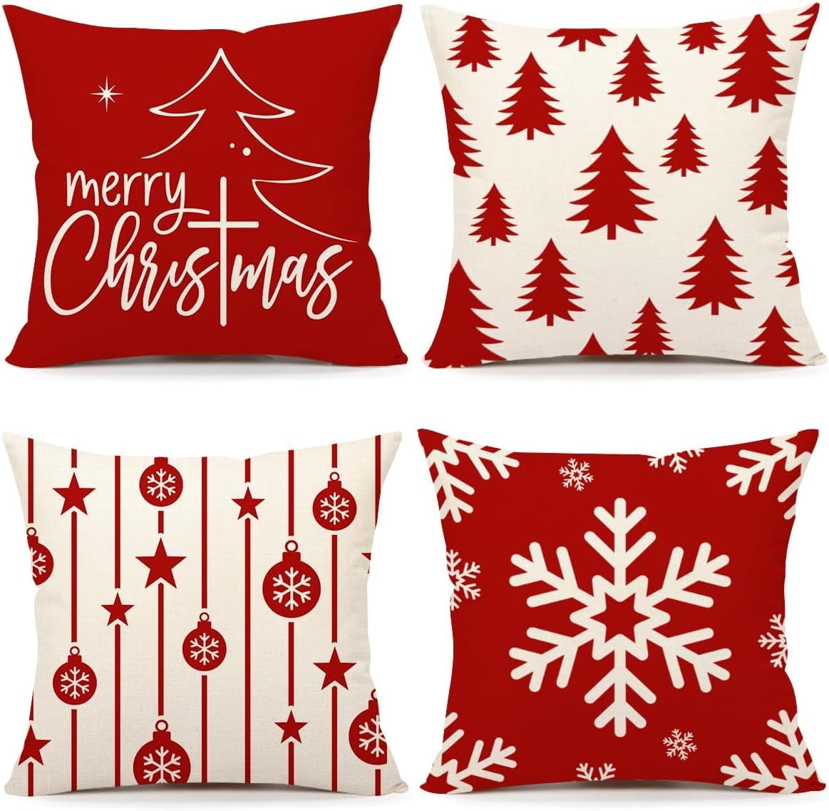 Red Christmas Pillow Covers 18x18 Set of 4 Farmhouse Christmas Decorations Merry Christmas Tree Snowflake Winter Holiday Decor Throw Cushion Case for Home Couch S23C01